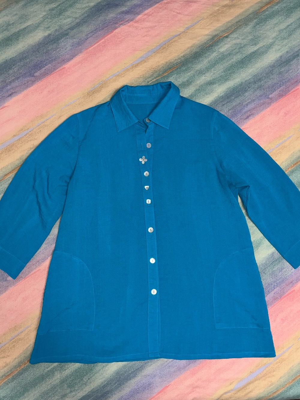 Fridaze - Linen Flower Button Linen Shirt blue size L